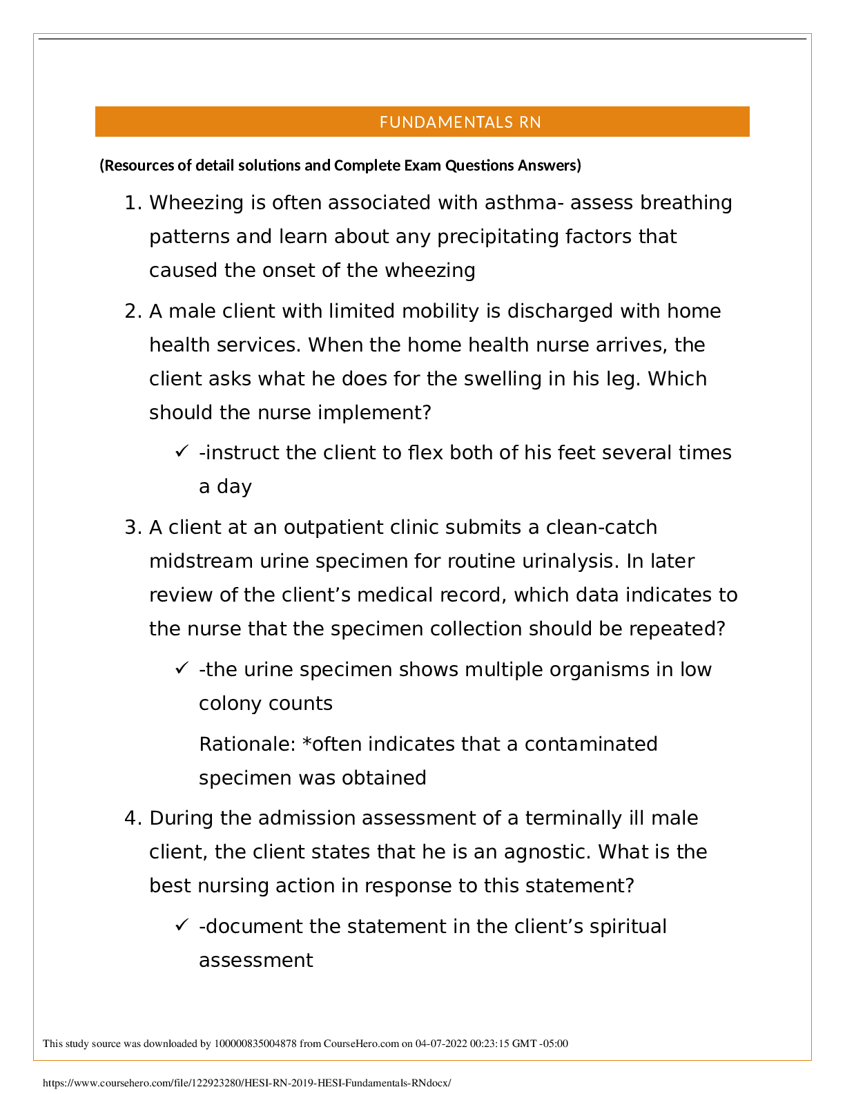 Preview of HESI Fundamentals RN 2019 EXAM